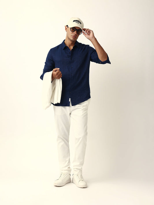 Blue Crinkle Textured Slim Fit Casual Shirt