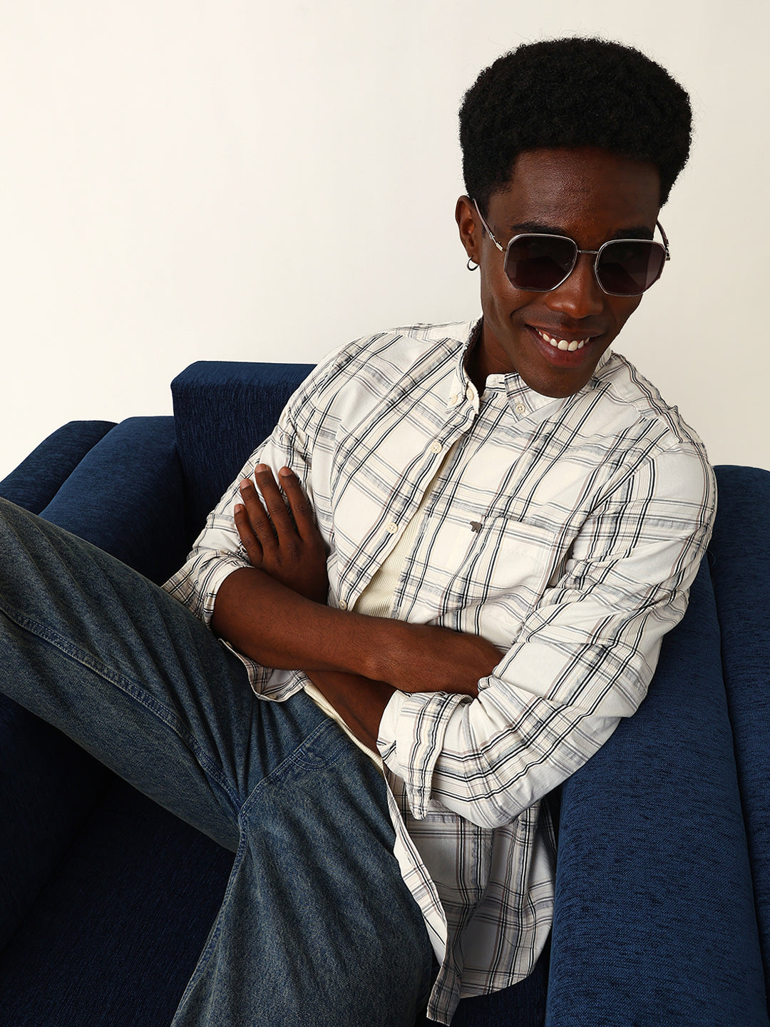 Cream Woven Tartan Checked Slim Fit Casual Shirt