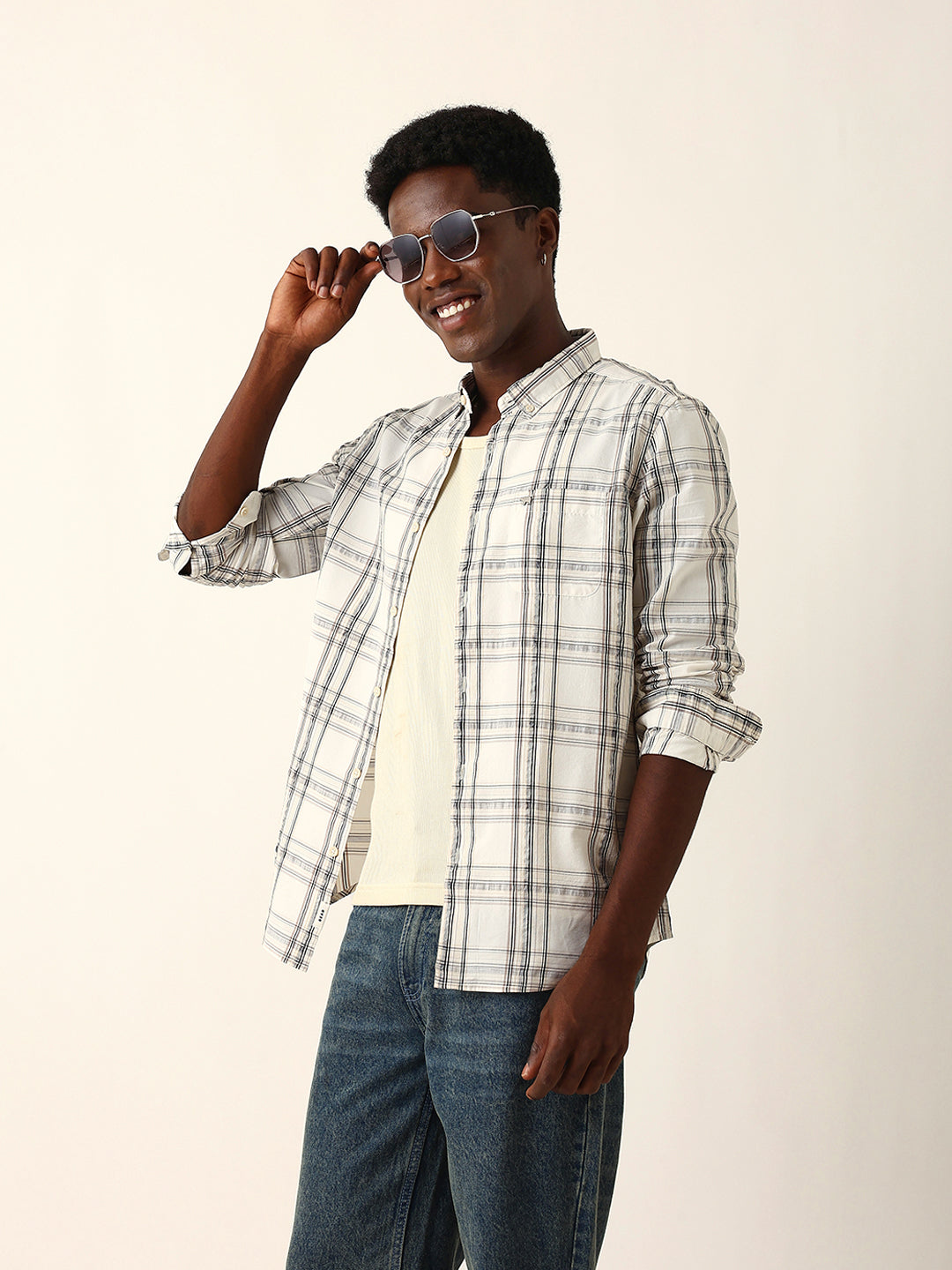 Cream Woven Tartan Checked Slim Fit Casual Shirt