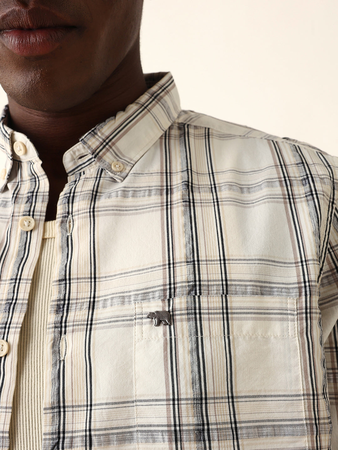 Cream Woven Tartan Checked Slim Fit Casual Shirt