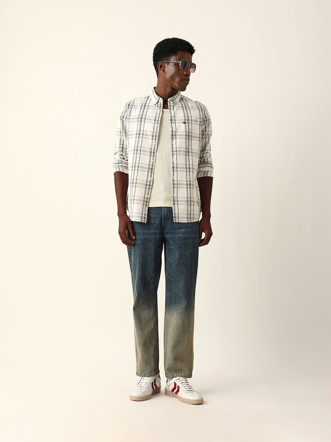 Cream Woven Tartan Checked Slim Fit Casual Shirt
