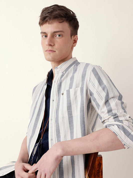 Blue with White Woven Vertical Stripes Slim Fit Casual Shirt