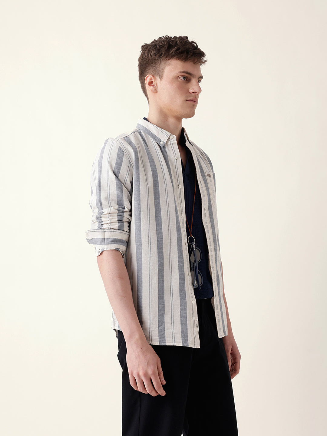 Blue with White Woven Vertical Stripes Slim Fit Casual Shirt