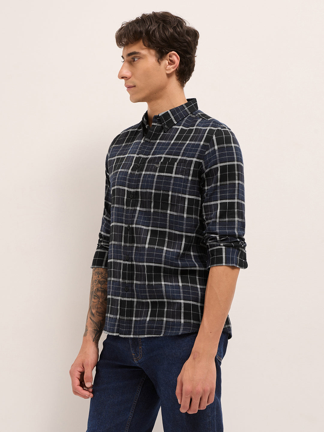 Blue & Black Woven Check Slim Fit Casual Shirt