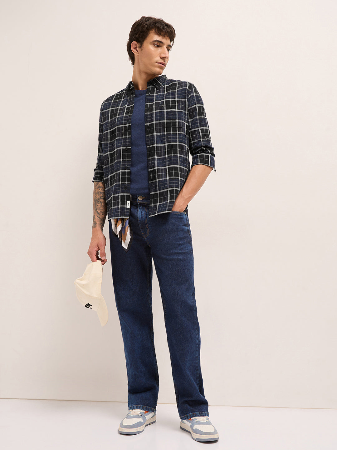 Blue & Black Woven Check Slim Fit Casual Shirt