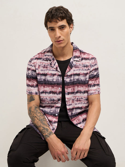Multicolor Abstract Tie-Dye Print Relaxed Fit Cuban Collar Casual Shirt