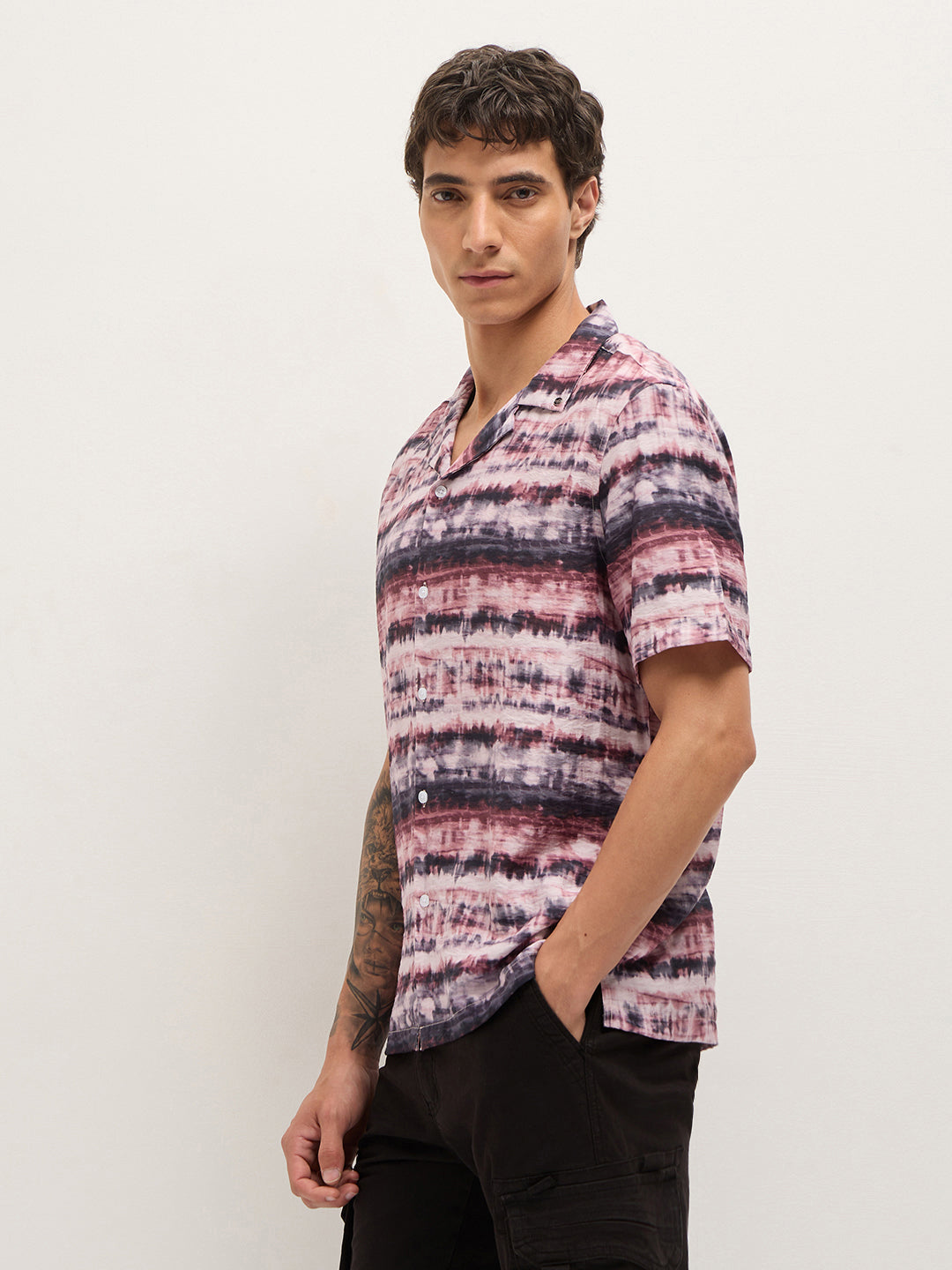 Multicolor Abstract Tie-Dye Print Relaxed Fit Cuban Collar Casual Shirt