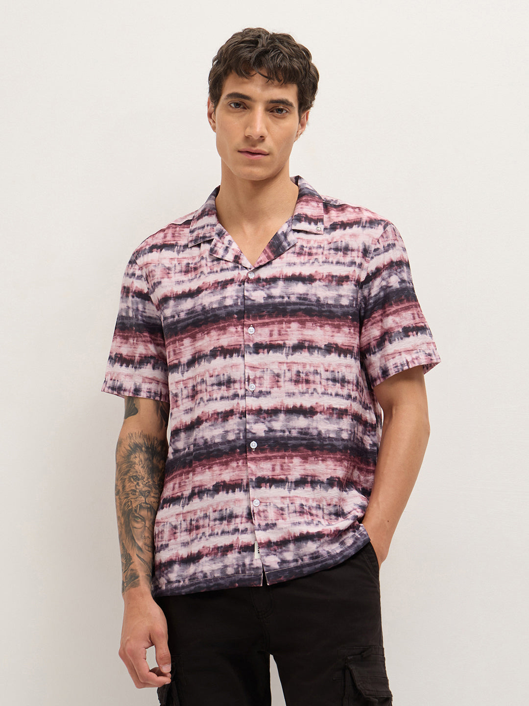 Multicolor Abstract Tie-Dye Print Relaxed Fit Cuban Collar Casual Shirt
