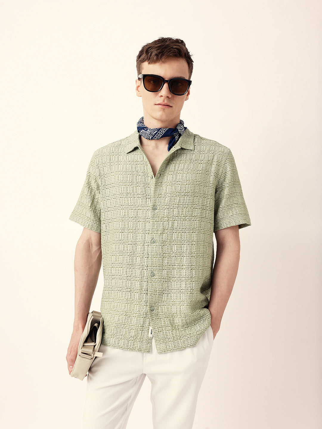 Light Green Textured Geometric Relaxed Fit Casual Half Sleeve Shirt