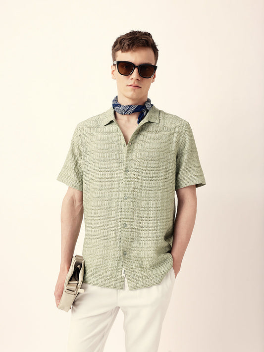 Light Green Textured Geometric Relaxed Fit Casual Half Sleeve Shirt