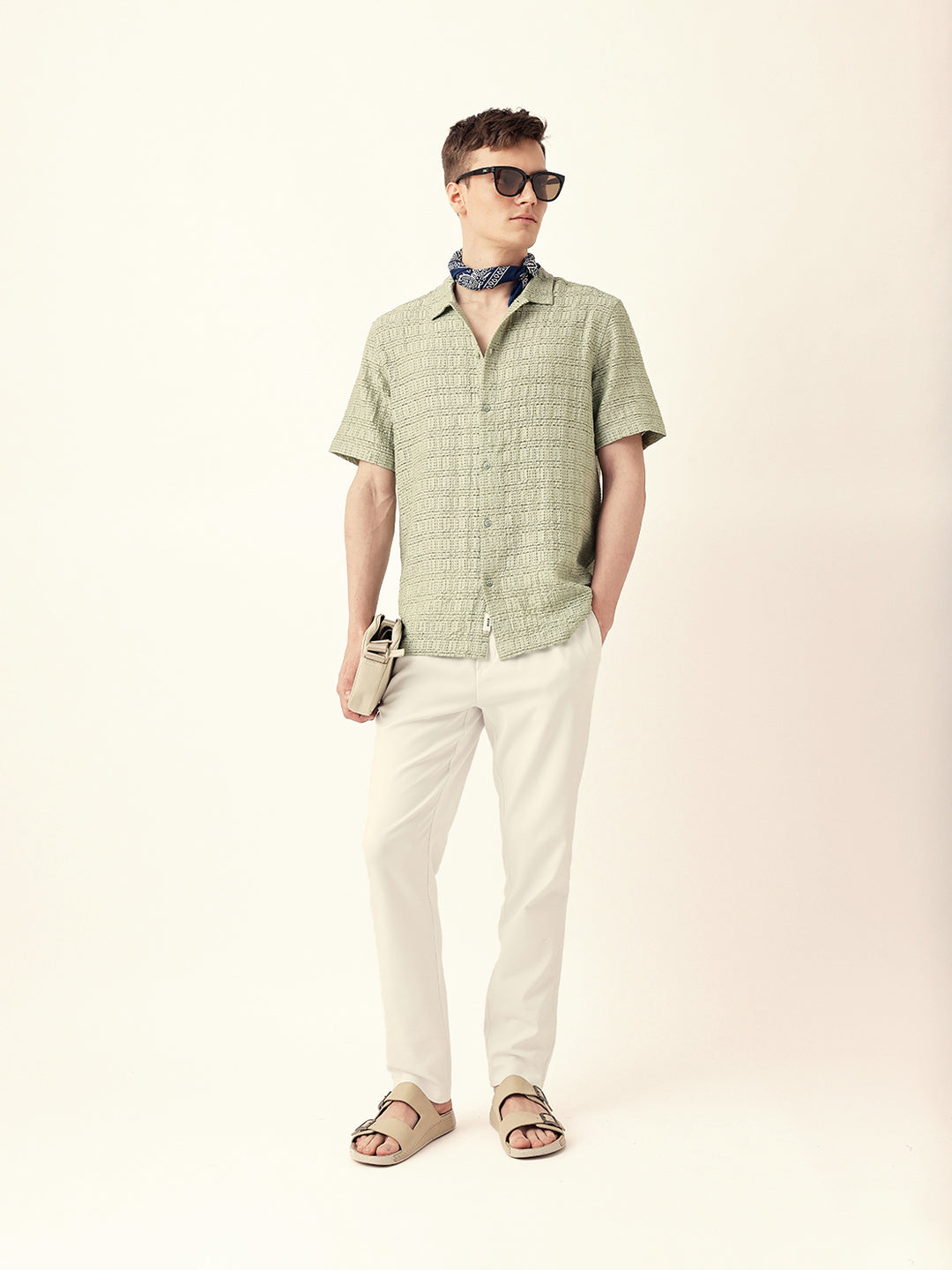Light Green Textured Geometric Relaxed Fit Casual Half Sleeve Shirt