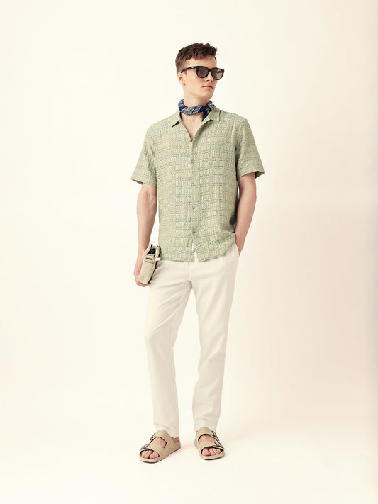 Light Green Textured Geometric Relaxed Fit Casual Half Sleeve Shirt