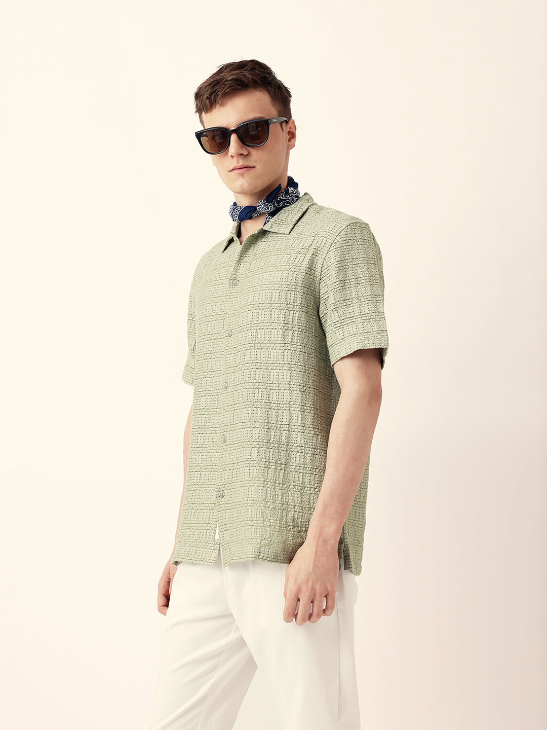 Light Green Textured Geometric Relaxed Fit Casual Half Sleeve Shirt