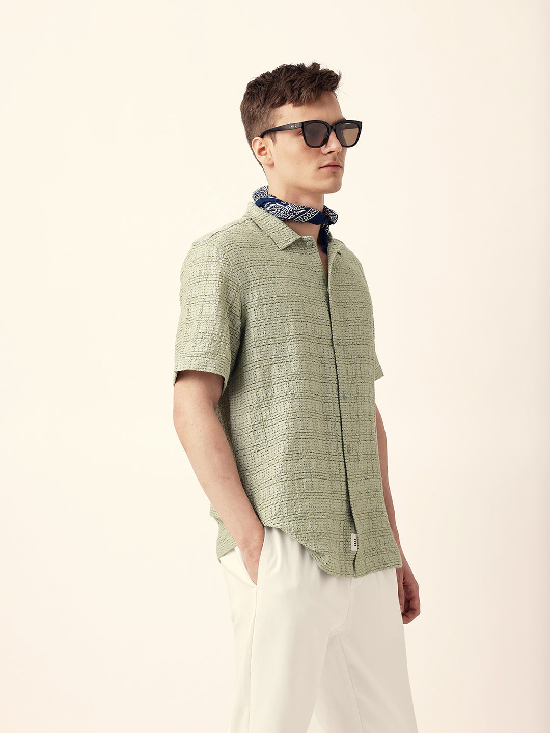 Light Green Textured Geometric Relaxed Fit Casual Half Sleeve Shirt
