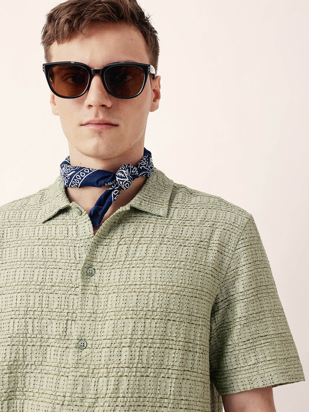 Light Green Textured Geometric Relaxed Fit Casual Half Sleeve Shirt