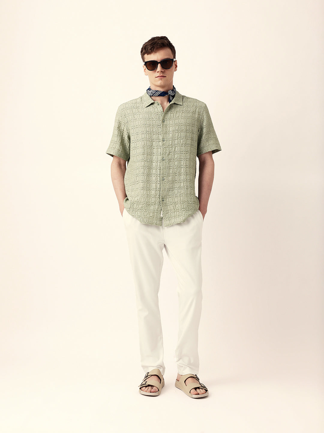 Light Green Textured Geometric Relaxed Fit Casual Half Sleeve Shirt