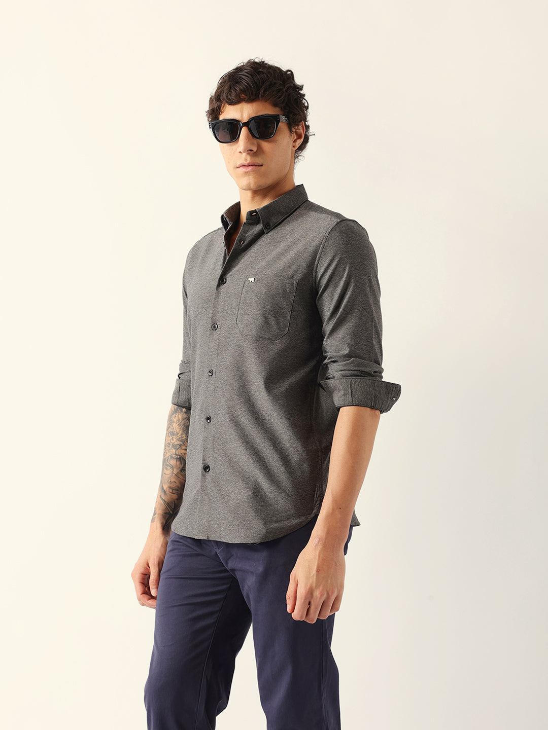 Grey Slim Fit Solid Cotton Blend Casual Shirt