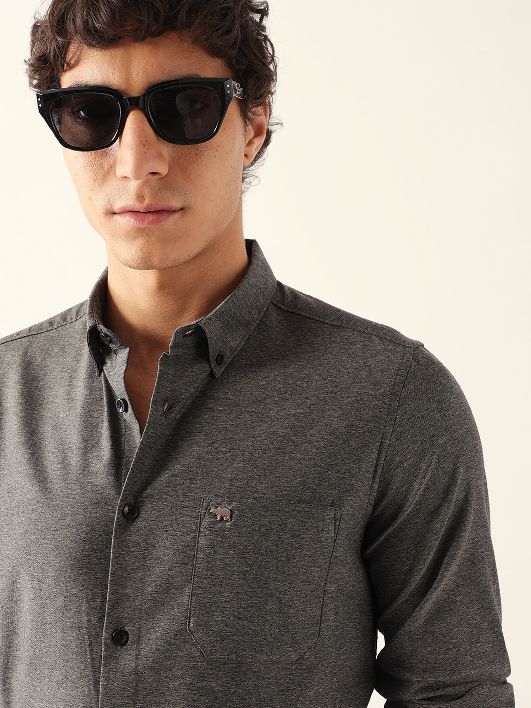 Grey Slim Fit Solid Cotton Blend Casual Shirt