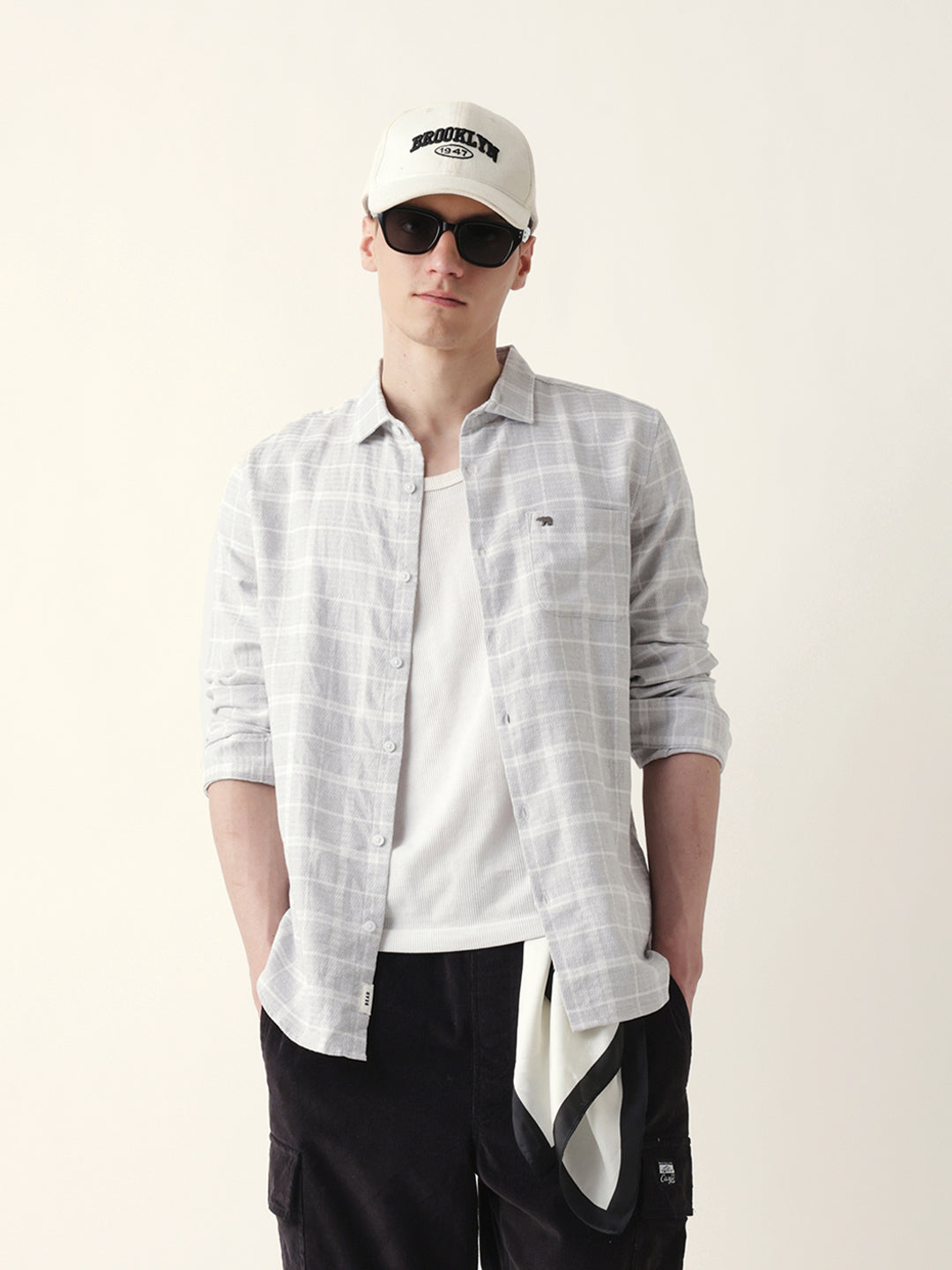 Grey Herringbone Checked Slim Fit Casual Shirt