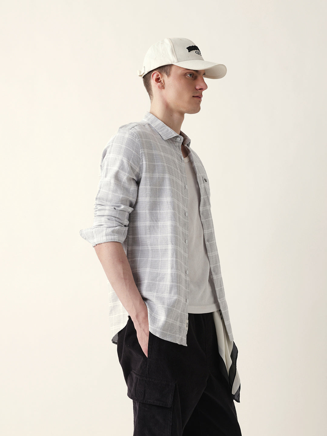 Grey Herringbone Checked Slim Fit Casual Shirt