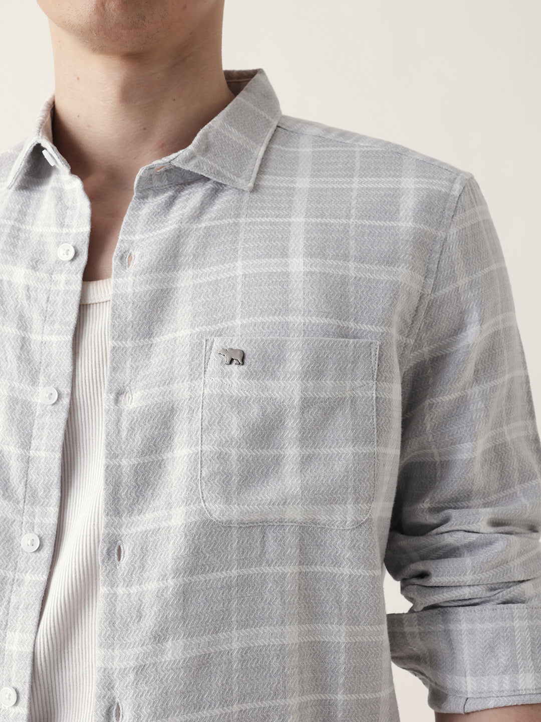 Grey Herringbone Checked Slim Fit Casual Shirt