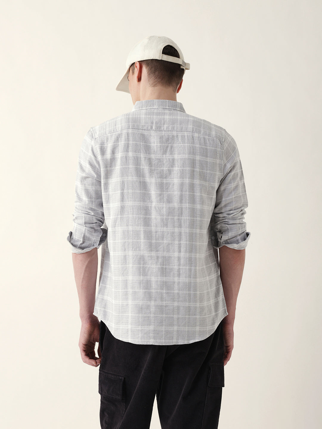 Grey Herringbone Checked Slim Fit Casual Shirt