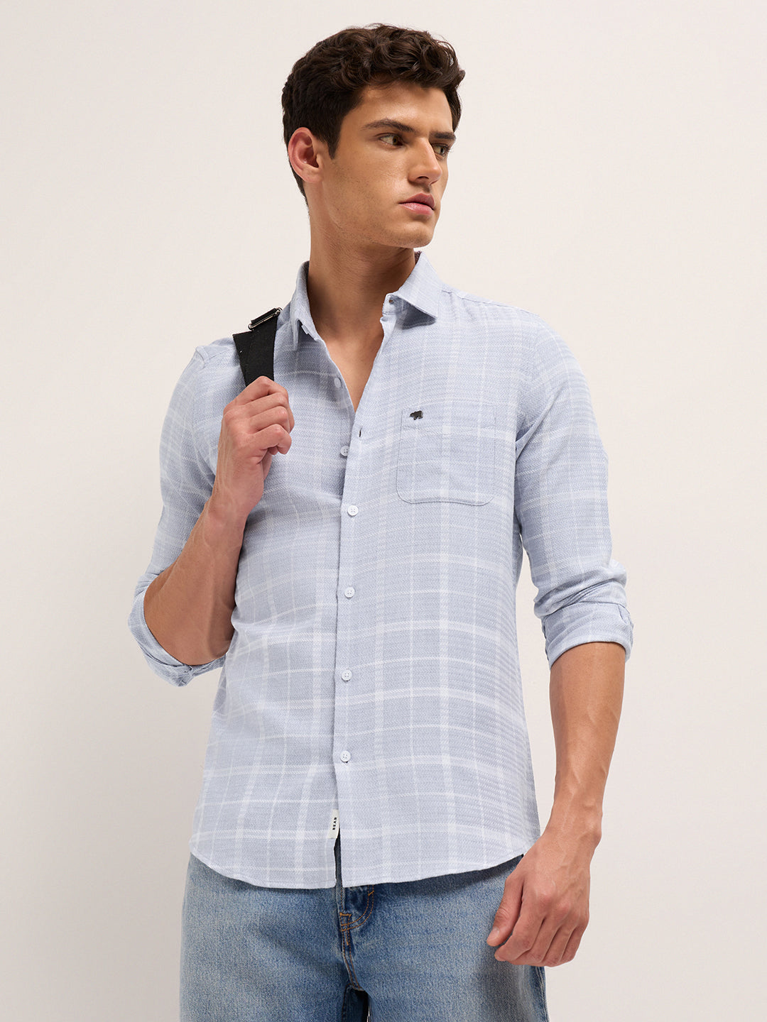 Blue Herringbone Check Slim Fit Casual Shirt