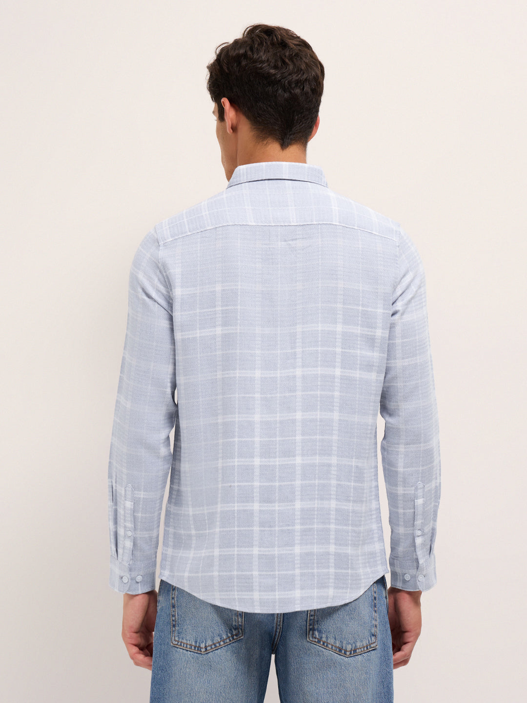 Blue Herringbone Check Slim Fit Casual Shirt