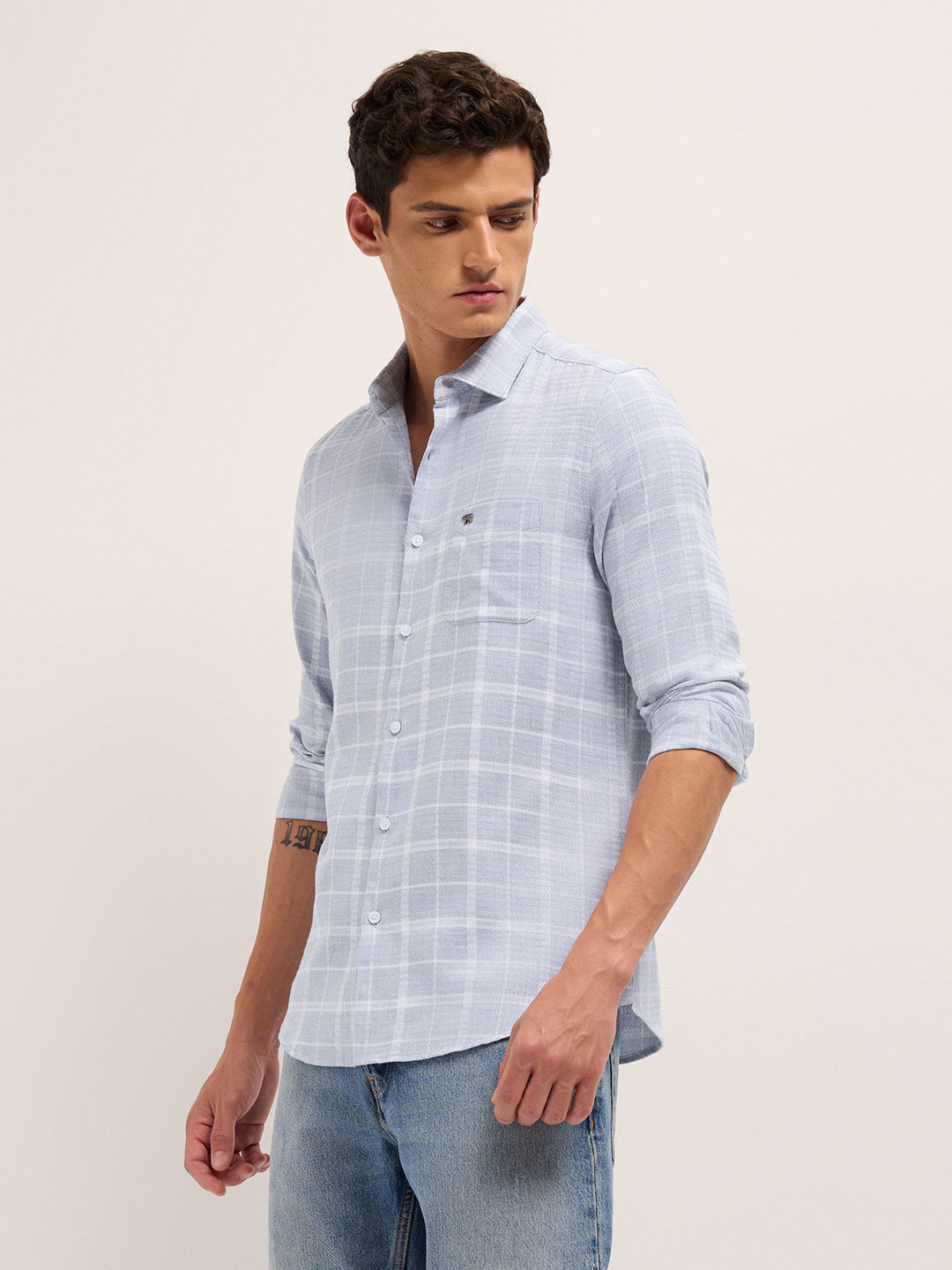 Blue Herringbone Check Slim Fit Casual Shirt