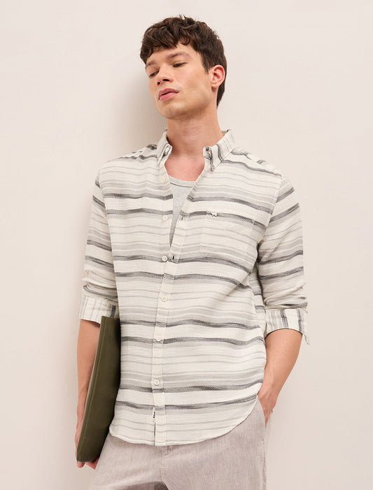 Grey Slim Fit Casual Shirt with Woven Horizontal Textured Stripes
