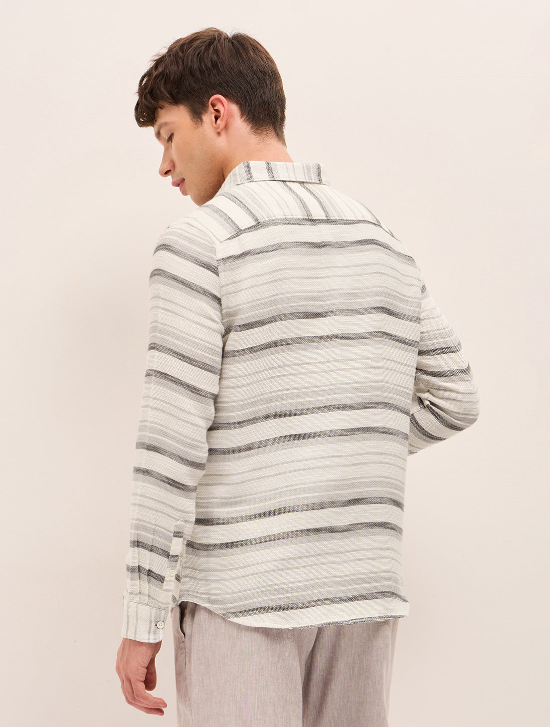 Grey Slim Fit Casual Shirt with Woven Horizontal Textured Stripes
