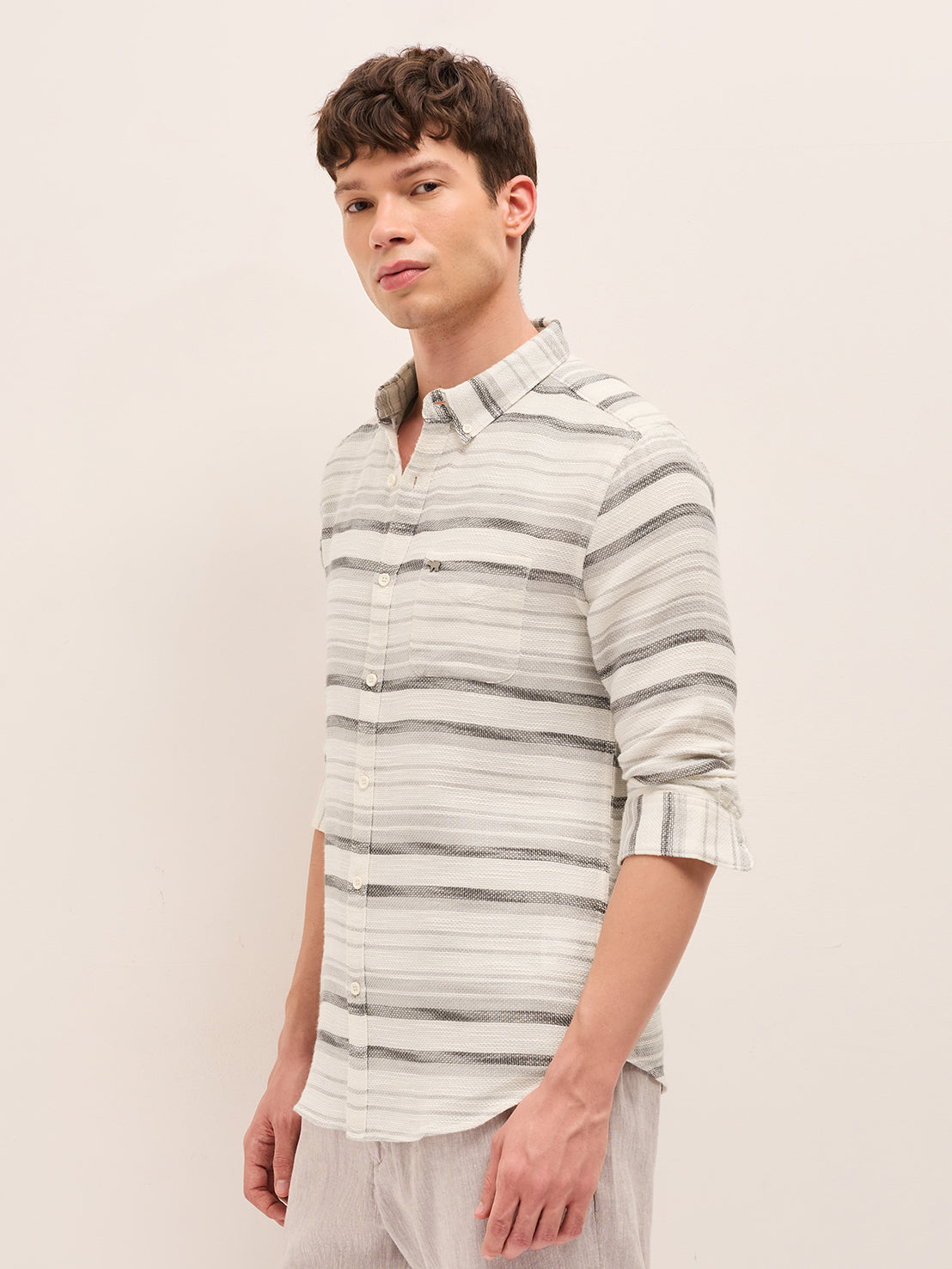 Grey Slim Fit Casual Shirt with Woven Horizontal Textured Stripes