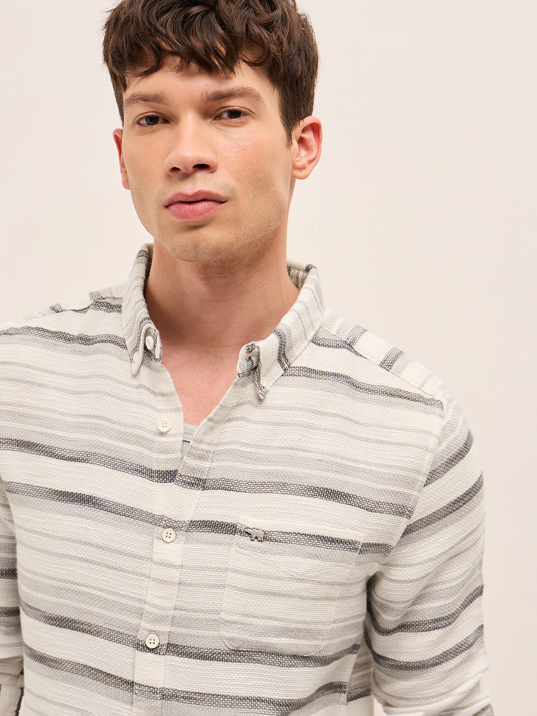 Grey Slim Fit Casual Shirt with Woven Horizontal Textured Stripes