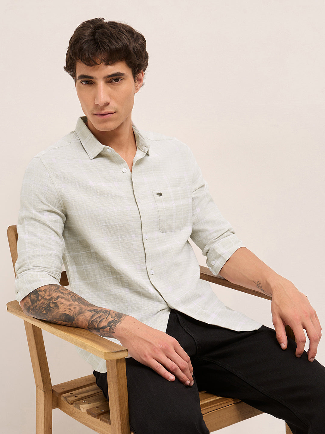 Cream Herringbone Check Slim Fit Casual Shirt