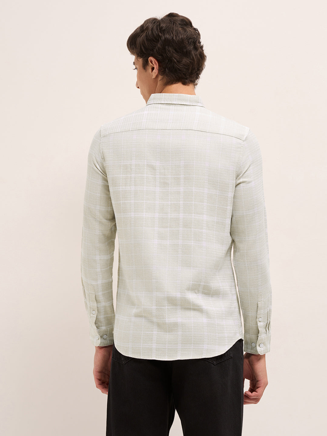 Cream Herringbone Check Slim Fit Casual Shirt