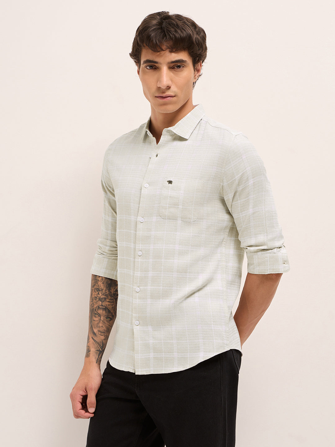 Cream Herringbone Check Slim Fit Casual Shirt