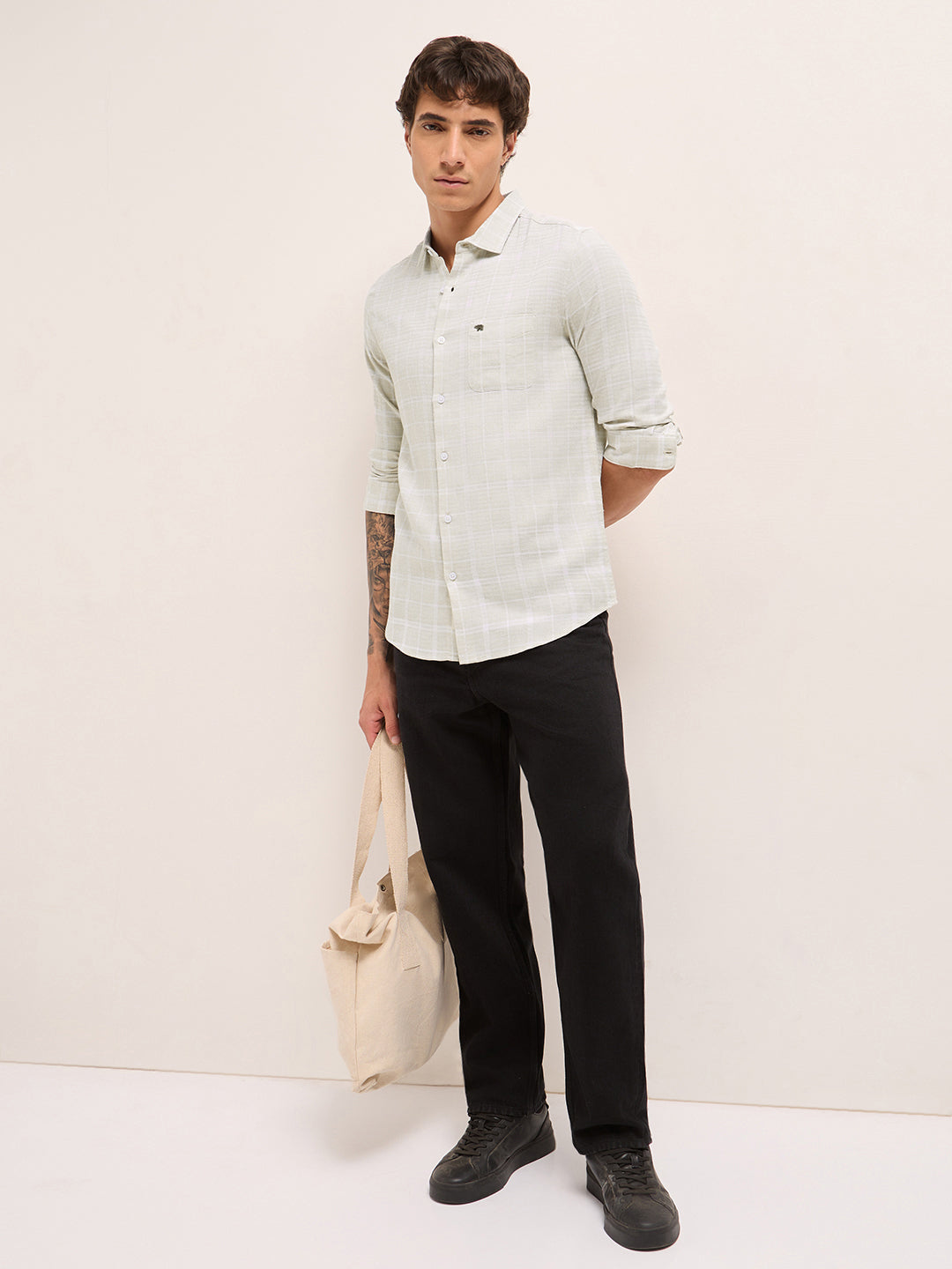 Cream Herringbone Check Slim Fit Casual Shirt