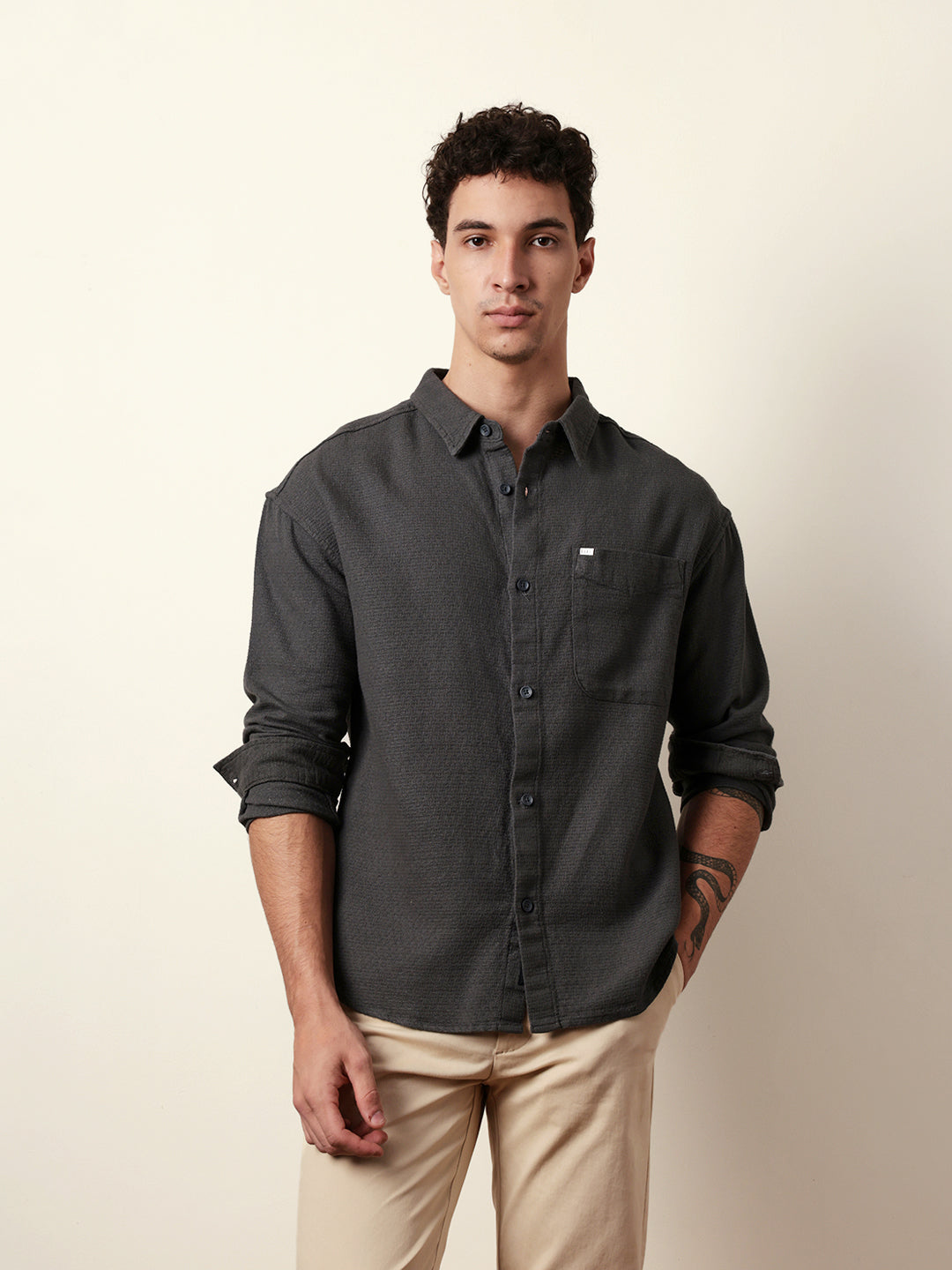 Grey Textured Crepe Relaxed Fit Overshirt