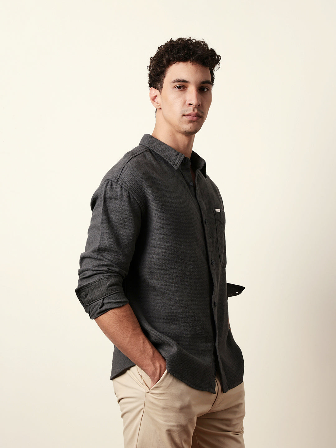 Grey Textured Crepe Relaxed Fit Overshirt