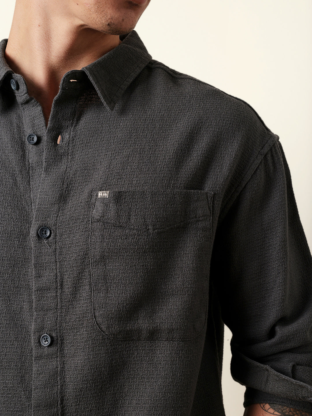 Grey Textured Crepe Relaxed Fit Overshirt