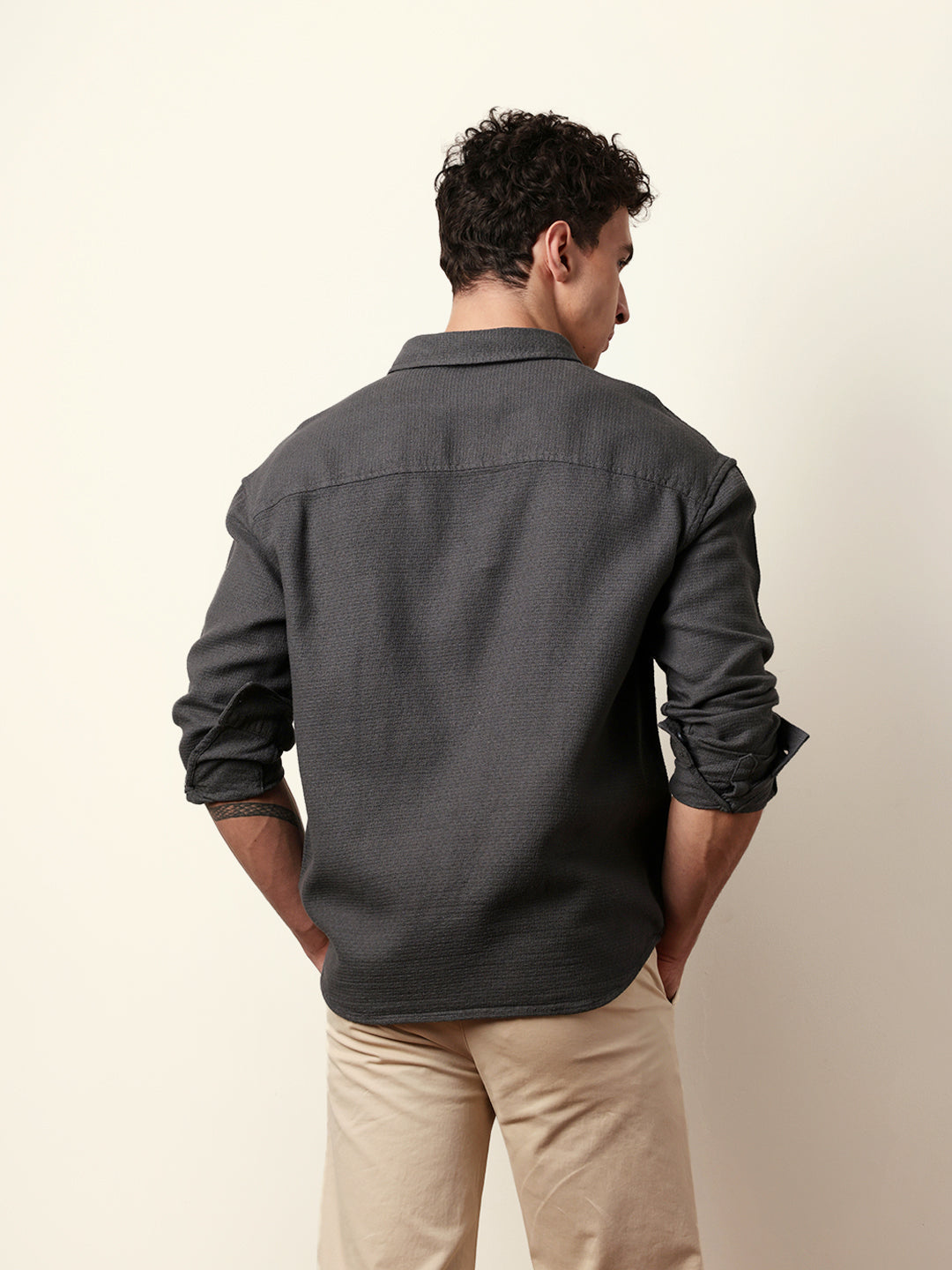 Grey Textured Crepe Relaxed Fit Overshirt