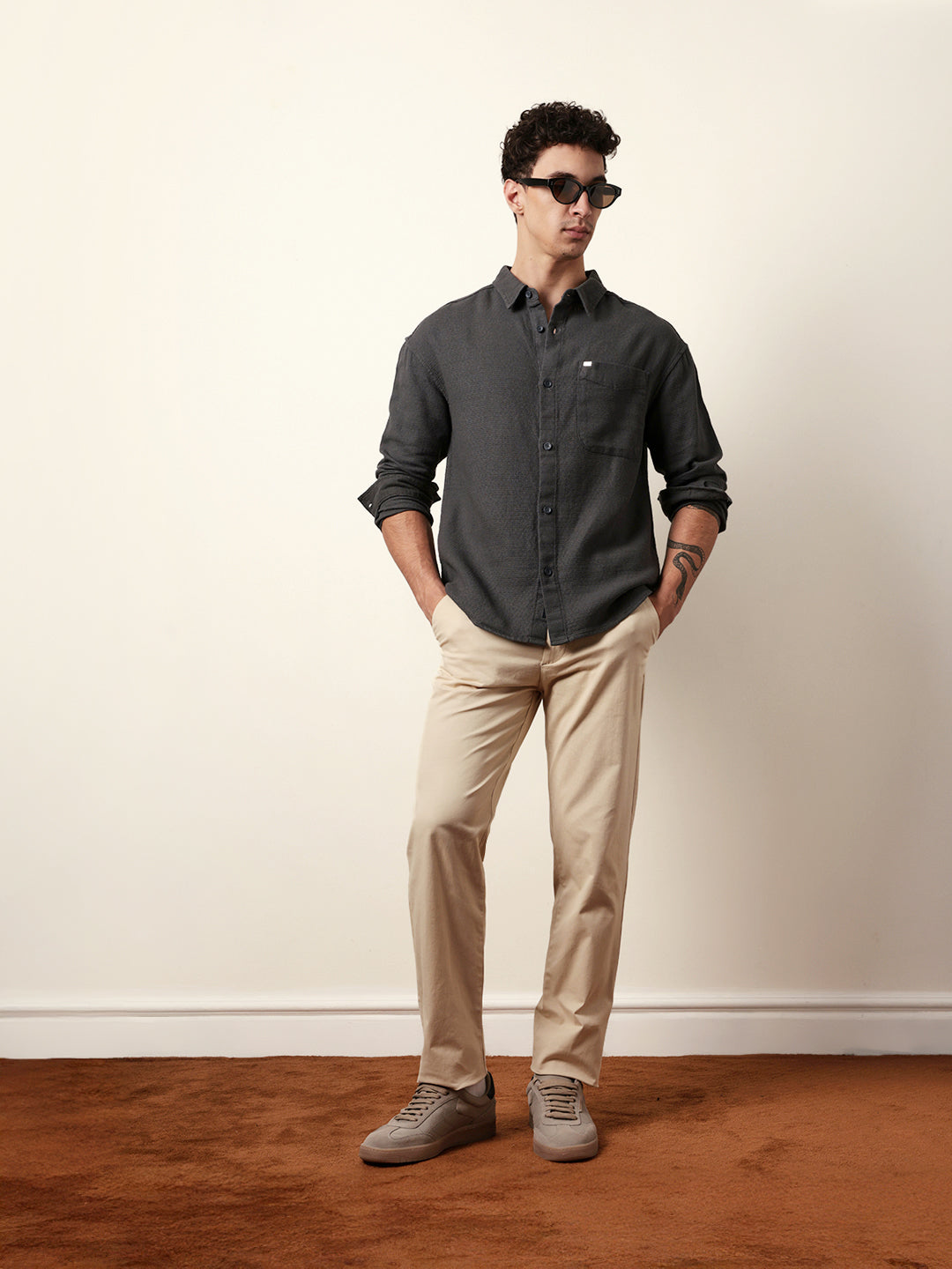 Grey Textured Crepe Relaxed Fit Overshirt