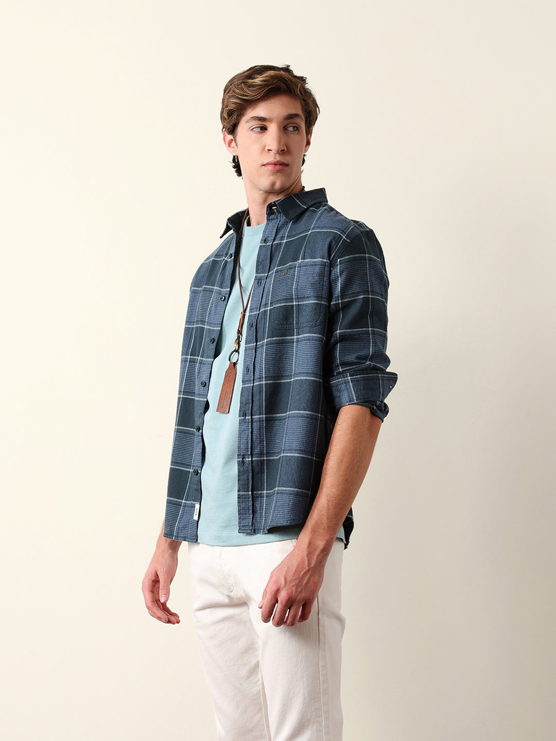 Teal Green Regular Fit Checked Flannel Casual Shirt