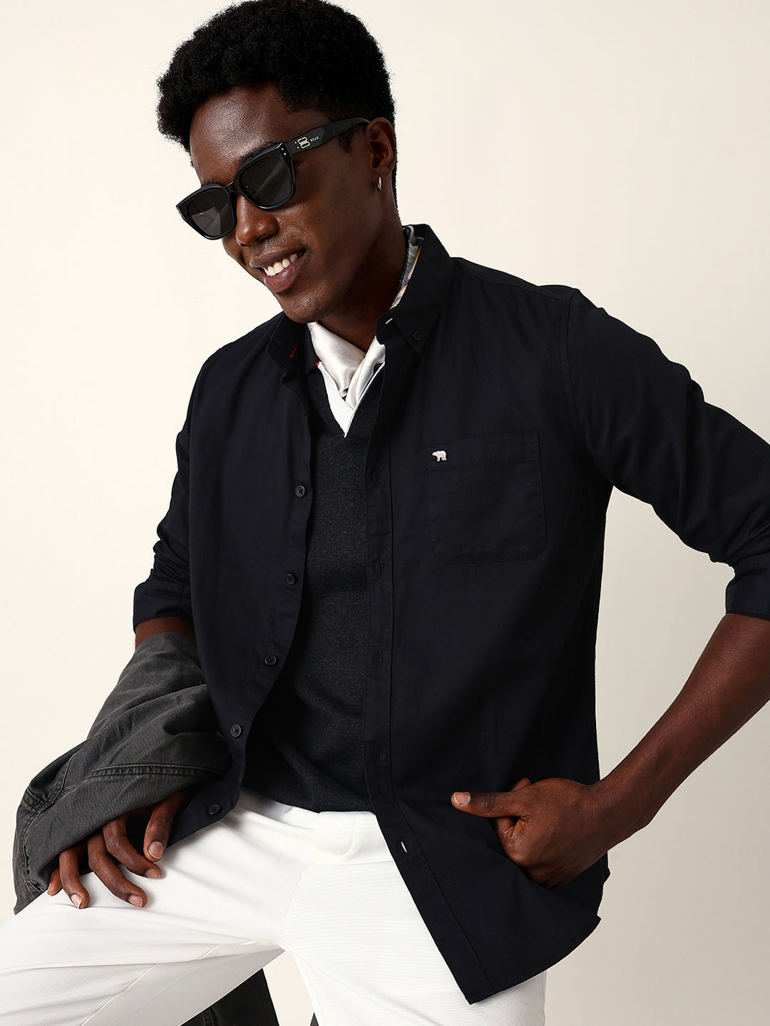 Black Cotton Solid Slim Fit Casual Shirt