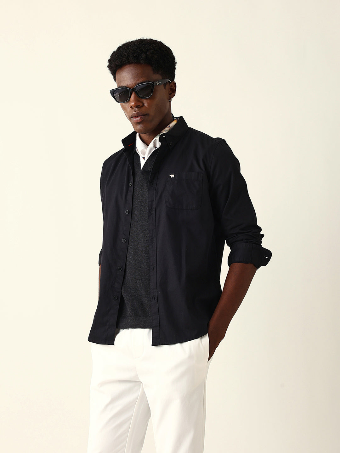 Black Cotton Solid Slim Fit Casual Shirt