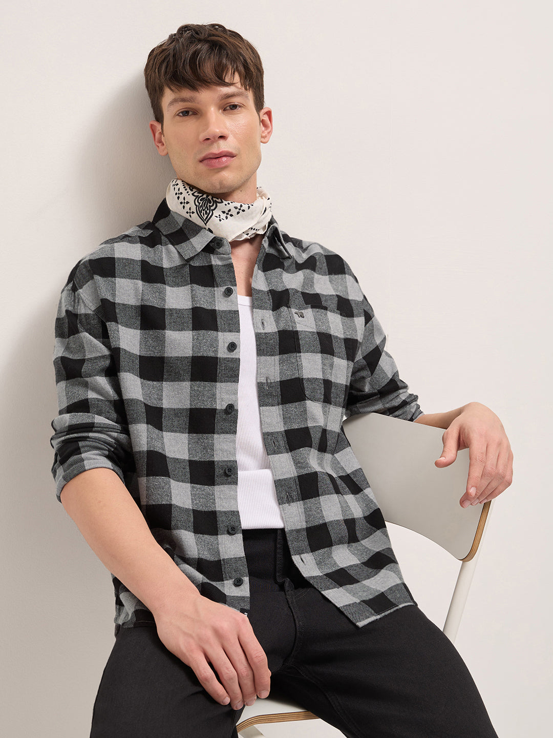 Black & Grey Woven Block Checks Flannel Relaxed Fit Casual Shirt