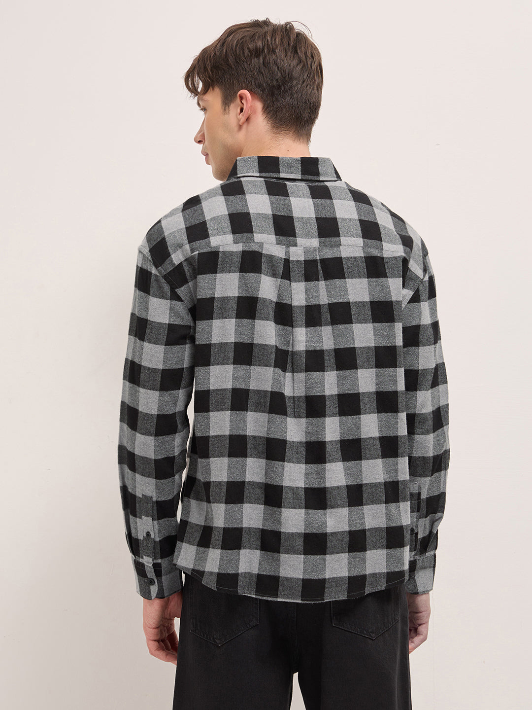 Black & Grey Woven Block Checks Flannel Relaxed Fit Casual Shirt