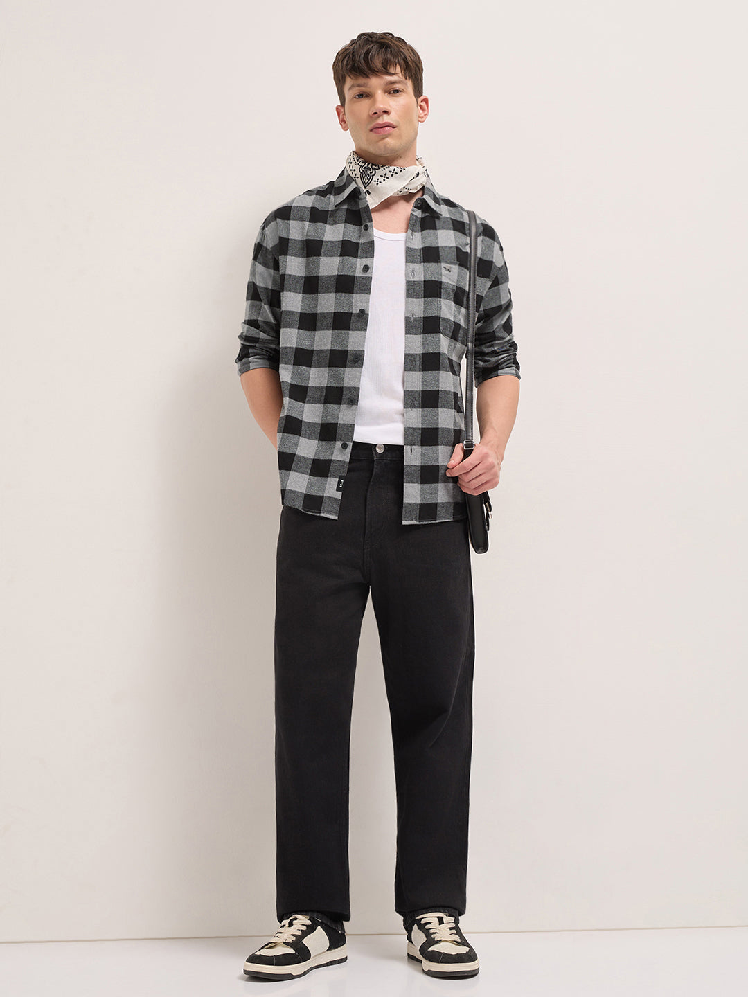 Black & Grey Woven Block Checks Flannel Relaxed Fit Casual Shirt