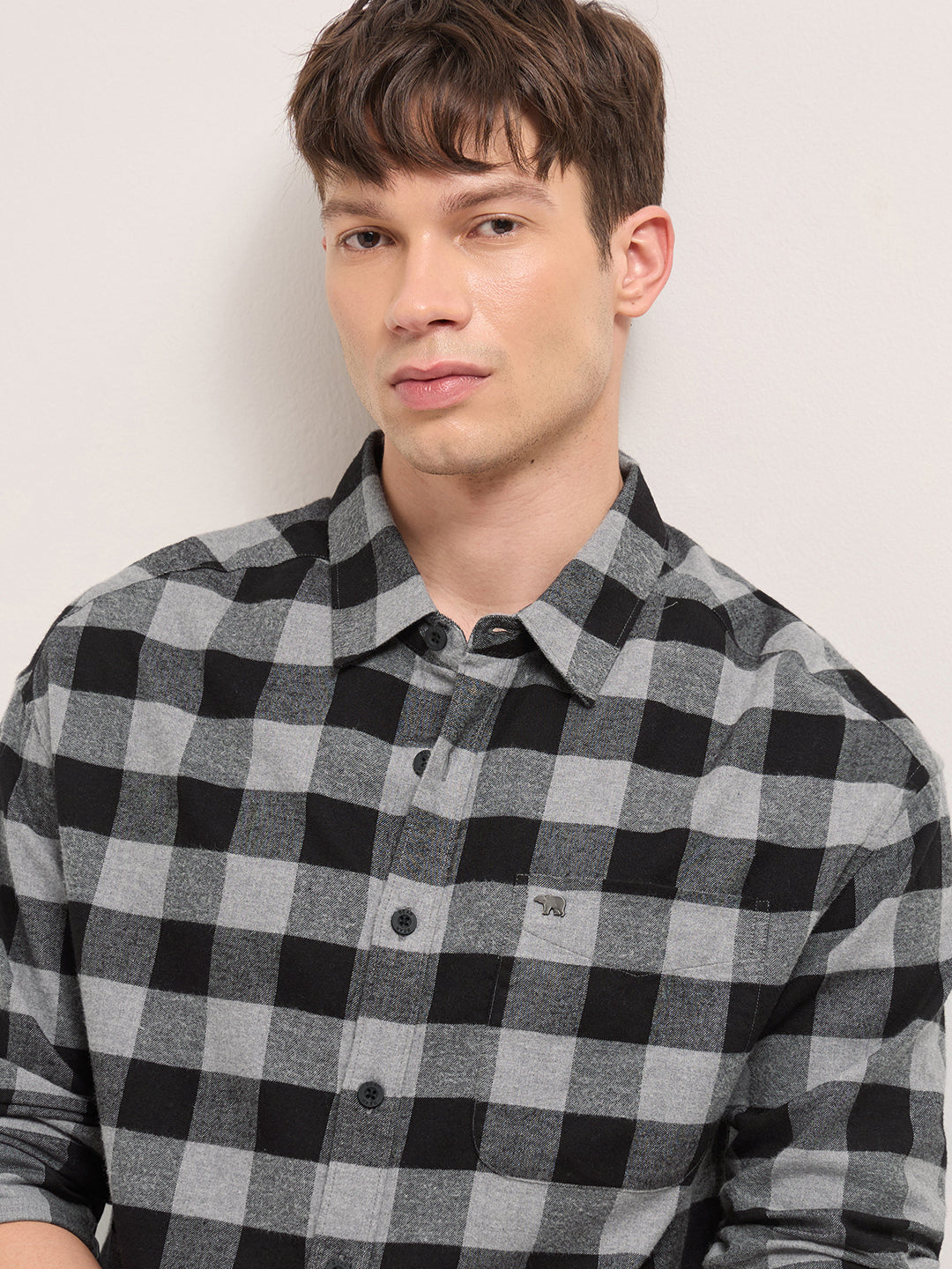 Black & Grey Woven Block Checks Flannel Relaxed Fit Casual Shirt