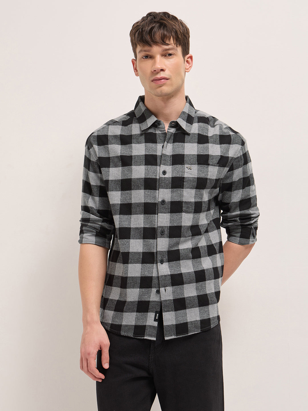 Black & Grey Woven Block Checks Flannel Relaxed Fit Casual Shirt